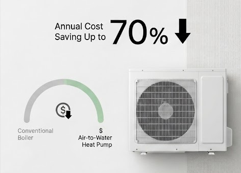 Air-to-water heat pump unit showing up to 70% annual cost savings compared to a conventional boiler.