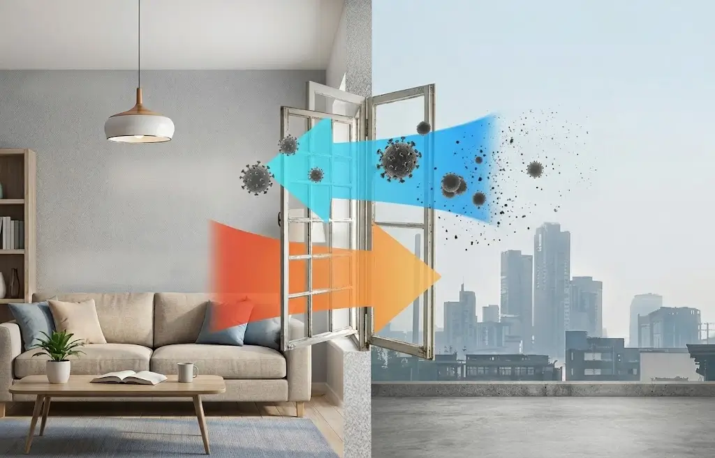 A composite image of a cozy living room comparing to a hazy city balcony through an open window. Blue, polluted air enters the room, and orange, indoor air exits.