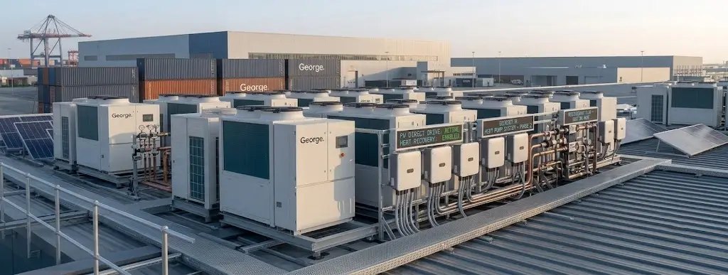 A large industrial rooftop covered in numerous rows of commercial HVAC units
