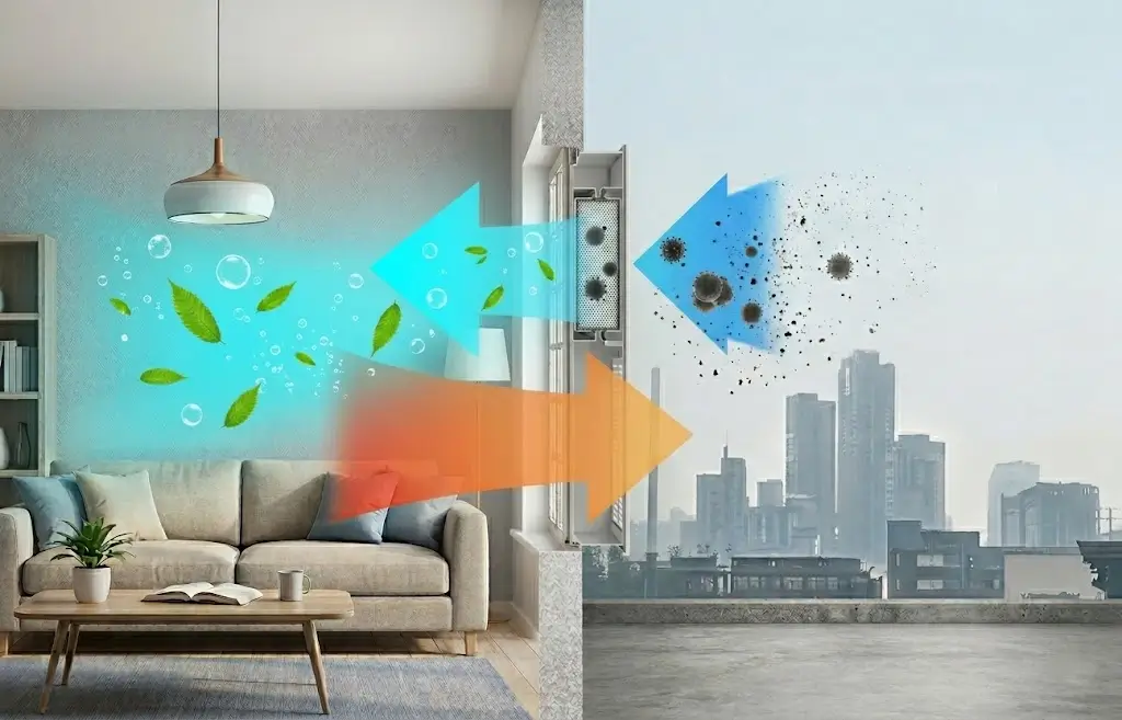 A split view of a cozy living room and a hazy city