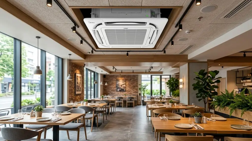 Ceiling mounted cassette AC in a modern restaurant.