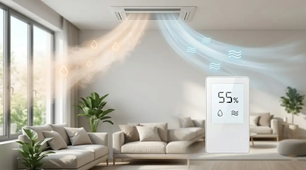 Demonstrating a living room ERV system and wired controller that regulates temperature and humidity.